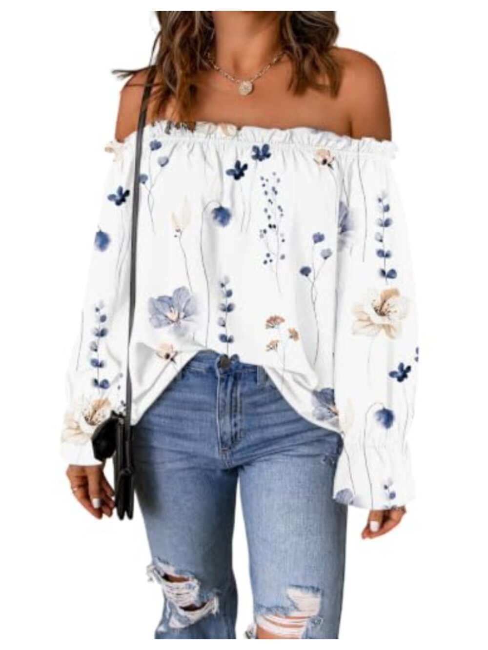 Off Shoulder Top Ruffle Long Sleeve Chiffon Blouse Women's Casual Loose Shirt